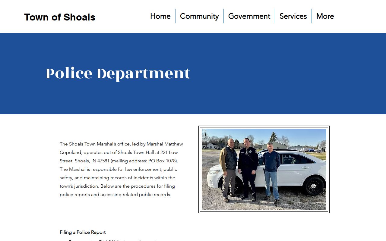 Shoals Town Marshal arrest record request page in Martin County